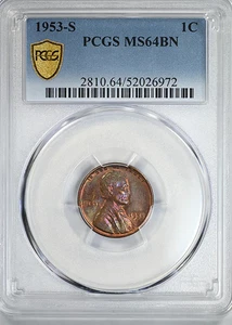 1953-S Lincoln Wheat Cent 1C PCGS MS64BN - GETÖNT! - Bild 1 von 6