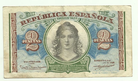 SPAIN 2 PESETAS 1938  P-95. VF CONDITION Cover