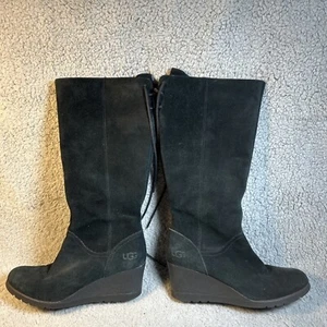 UGG Dawna Boot Womens 6 Black Suede Wedge Tall Waterproof - Picture 1 of 21