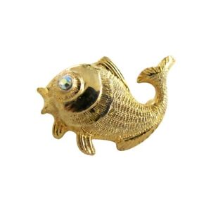 Vtg Les Bernard Small Gold Tone & Rhinestone Figural Fish Brooch Pin