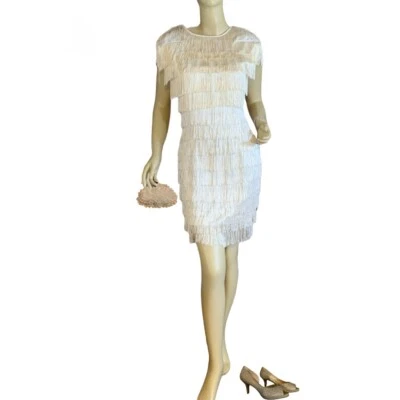 VINTAGE 1980'S ROBERTA CREAM IVORY FRINGE FLAPPER COCKTAIL DRESS SIZE 3/4/XS - Image 1 of 4