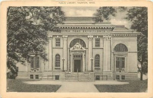 Taunton Massachusetts~Public Library~Columned Front~1920s Sepia Postcard - Picture 1 of 2