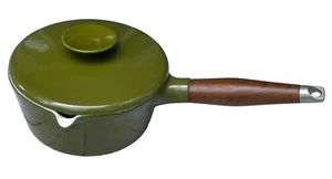 Vintage MCM Gusseisen Topf Emaille Michael Lax Copco Olive Soßenpfanne Deckel Teakgriff - Bild 1 von 12