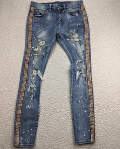 DOPE Men 29 30x31 Blue Jeans Skinny Leg Stripe Destroy splatter Embroider Light - Picture 1 of 10