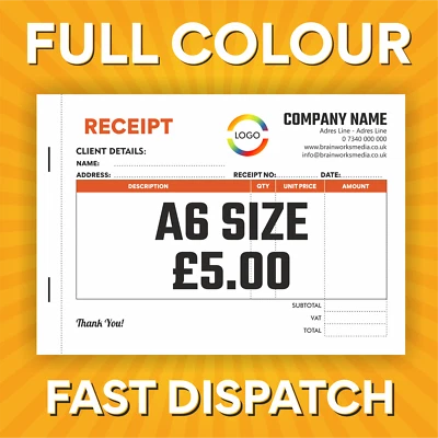 A6 PERSONALISED DUPLICATE RECEIPT BOOK - NCR PRINT - PERSONALISED INVOICE BOOK - Image 1 of 2