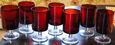 Vtg Set 7 Cristal D'Arques-Durand CAVALIER RUBY Red Wine Goblet Glass Clear Stem - Image 1 of 4