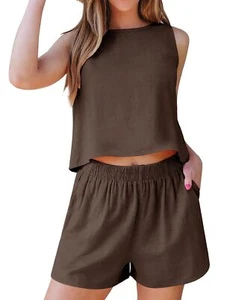 Linen Short Sets for Women Two Piece Matching Casual Sleeveless Tank Top and ... - Picture 1 of 8