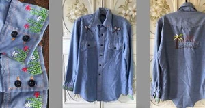 VTG 60s HANDS OFF SEARS BLUE CHAMBRAY SHIRT EMBROIDERED MULTICOLOR FLORAL 43" - Picture 1 of 12