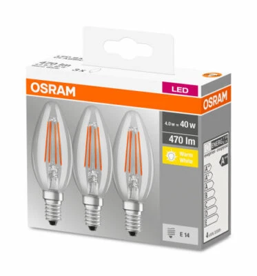 3er-Pack Osram LED Kerze BASE Classic E14 Filament klar 4W warmweiss wie 40W - Bild 1 von 4