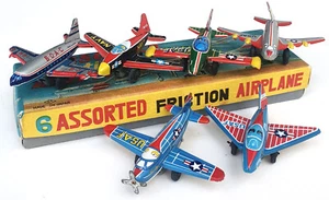 6 Blechflugzeuge 6 Assorted Friction Airplane 8,5 cm, S2 Japan um 1960, OVP RAR! - Bild 1 von 9