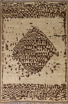Alfombra oriental marfil abstracta/marrón oscuro lana anudada a mano 6'x8' Foto 1 de 4
