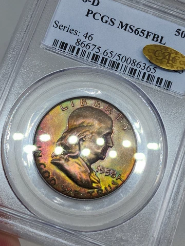 1958 D Franklin Half Dollar PCGS MS65FBL GOLD CAC Vivid Toning Rainbow Toned Cover