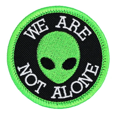 Alien Head We are not Alone Embroidered Patch Black/Neon Green Iron-On Sew-On - Image 1 of 2
