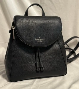 Kate Spade New York Leila Med Flap Backpack Bag Purse Black Pebbled Leather - Picture 1 of 18