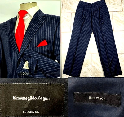 Traje de lana de franela Ermenegildo Zegna Su Misura a medida Heritage a rayas de tiza 42R Foto 1 de 4