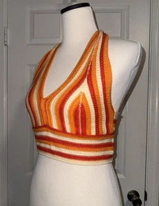 Crochet Crop Halter Top Boho Festival Shirt Top- Orange-Size L - Picture 1 of 4