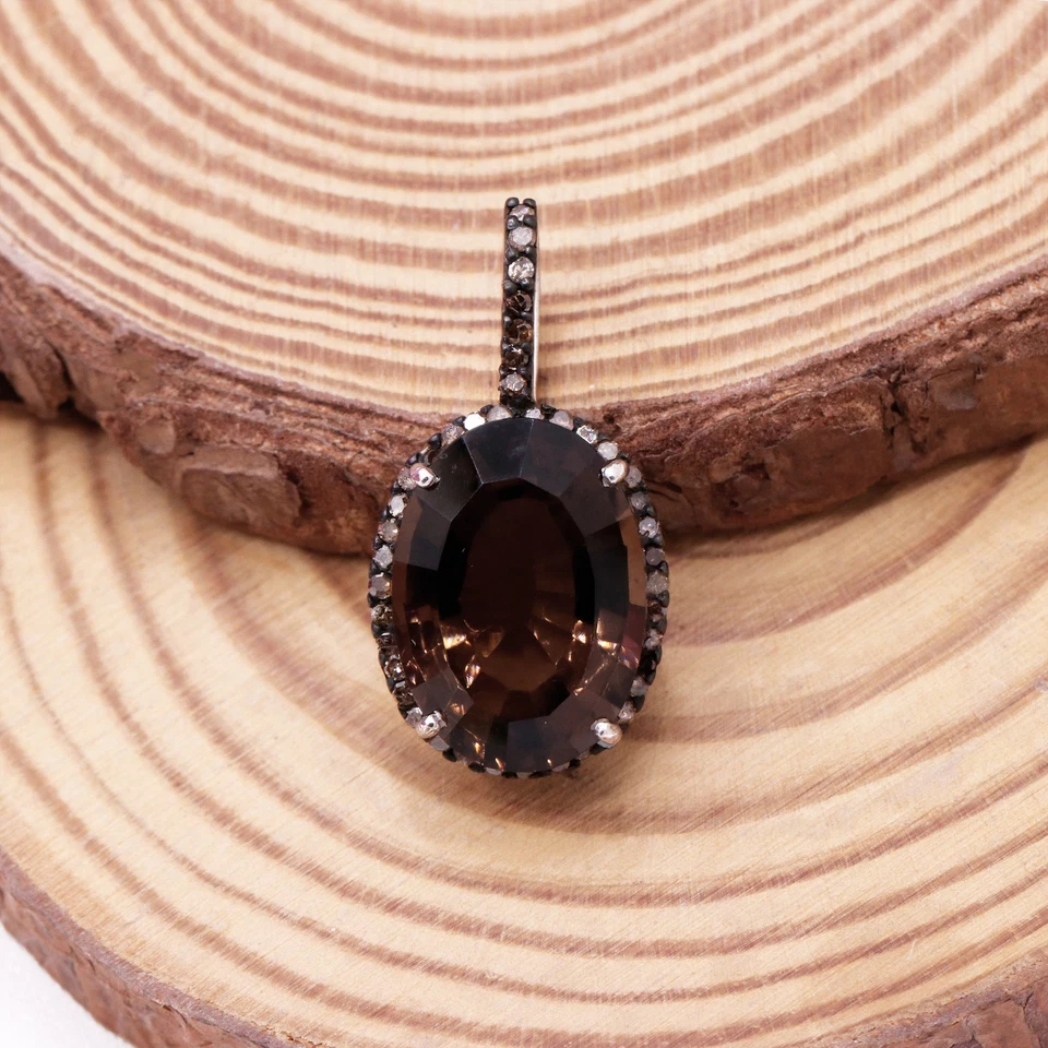 Natürlich Oval Schliff Rauchquarz & Diamant Anhänger 925 Sterlingsilber Schmuck - Bild 1 von 4