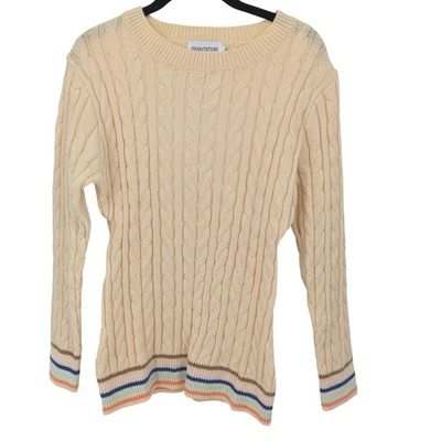OXKNITSTORE Sweater Women Small Cream Cable Knit Stripe Soft Thick Warm Pullover - Image 1 of 4
