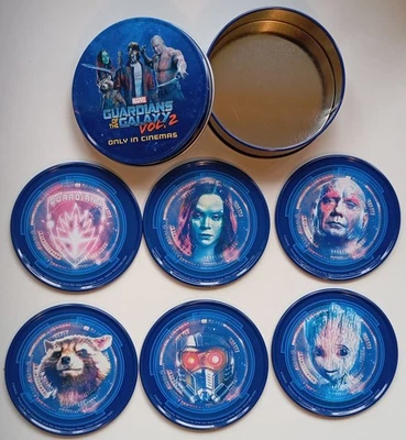 GUARDIANS OF THE GALAXY VOL 2 MARVEL PROMOTIONAL SET OF 6 METAL COASTERS IN TIN - Image 1 of 4