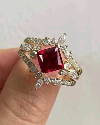 3 Ct Princess Cut Lab Created Ruby Enhancer Bridal Ring Set 14K Yellow Gold Over - Image 1 of 4