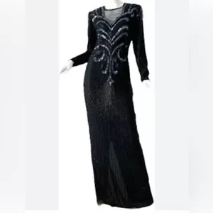 Abito maxi abito da sera nuovo SCALA vintage anni 80 nero blu seta perline paillettes M - Foto 1 di 15