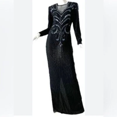 NUEVO SCALA Vintage Años 80 Negro Azul Seda Cuentas Lentejuelas Noche Maxi Vestido Vestido M Foto 1 de 4