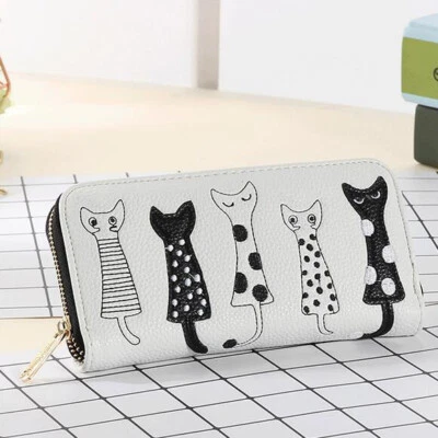 Mujeres Cuero Lindo Gato Cartera Monedero Portatarjetas Cremallera Cartera Largo Bolso de Mano Regalo Foto 1 de 4
