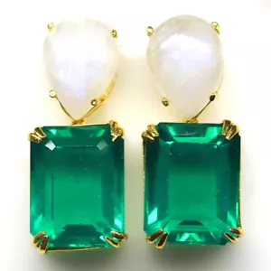 925 Plata 14 x 18 Mm. Bosque Verde Doblete Esmeralda & Piedra Luna Pendientes - Imagen 1 de 4