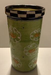 Cylinder Vase Or Kitchen Utensil Holder Ceramic Signed By Robyn 2001 Checkered