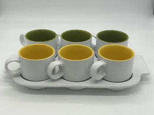 Crate & Barrel Pick Me Up Tray w/ 6 Stackable White Coffee Mugs Green/Yellow Int - Picture 1 of 7