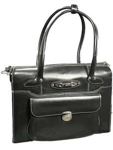 McKleinBlack Leather Laptop Briefcase 4 Compartment Gold Lining Silver Hardware - Picture 1 of 6