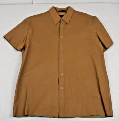Vintage Leather Shirt Size L 90s BCBG Tan Glossy Leather Collared Shirt Vented - Image 1 of 4