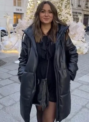ZARA FW21 BLACK FAUX LEATHER HOODED PUFFER COAT WITH ZIPPED POCKETS SIZE M - Image 1 of 4