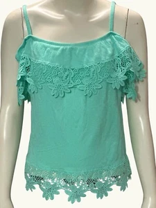 Mint Green Aqua Floral Lace Trim Sleeveless Top Cold Shoulder Size Medium - Picture 1 of 7