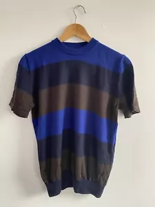 MR P. MR PORTER Jumper Mens Medium Navy Blue Brown Striped Merino Wool Sweater - Picture 1 of 16