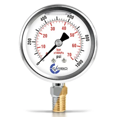 CARBO INSTRUMENTS 2-1/2" Pressure Gauge, Stainless Steel Case, Liquid Filled, Lower Mnt 1000 PSI