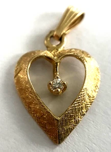 14K Yellow Gold Heart Shape Ladies Brushed Design Charm Pendant Natural Diamond - Picture 1 of 15