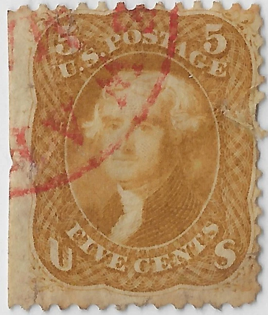 US Scott 67, usado, CV$ 750, sem grelha 5c buff Jefferson, centralização G-VG, (A7621 - Imagem 1 de 3