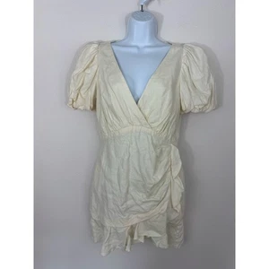 Bardot Linen Puff Sleeve Mini Dress Women’s Size 8 Beige Ruched Wrap Ruffle Hem - Picture 1 of 7