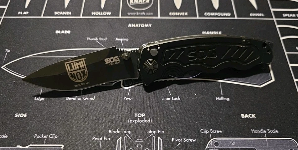 SOG Zoom Mini Pocket Knife Black Drop Point Assisted w/ Safety Function LumiNox - Image 1 of 3