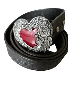 De Colección 1995 Siskiyou Hebilla Corazón Cinturón Cuero Negro Rosas Western, Whimsigoth XXL - Imagen 1 de 10