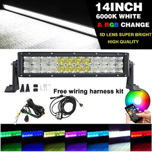 14 inch 5D RGBW Offroad LED Light Bar MultiColor Change Strobe App & Harness Kit - Picture 1 of 18