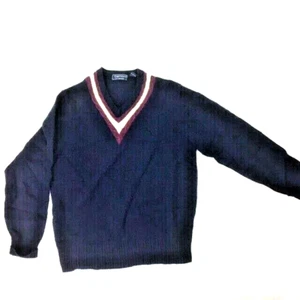 Damon Mens Lambs Wool Pullover Sweater M Navy V Neck 100% Long Sleeves Vintage - Picture 1 of 10