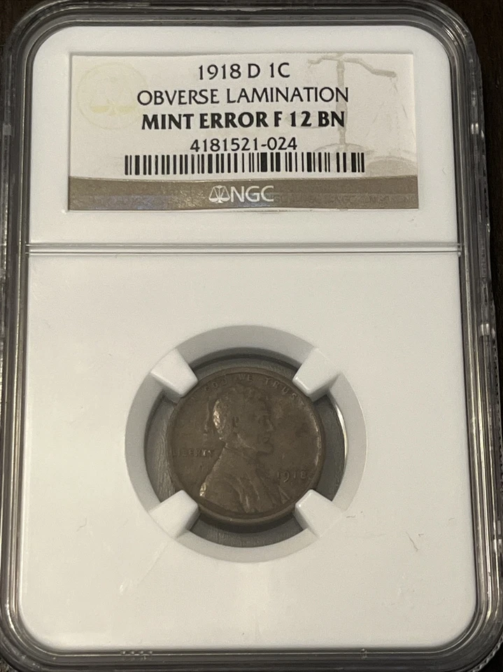 1918 D 1C ERROR NGC F12 BN OBVERSE LAMINATION WHEAT PENNY - Image 1 of 4