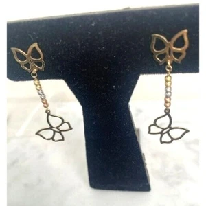CUTE 14K MULTI TONE GOLD BUTTERFLY DANGLE EARRINGS SKY - Picture 1 of 8