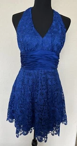 Aidan Mattox 6 Sapphire Blue Lace Halter Dress Saks Fashion Fix - Picture 1 of 7
