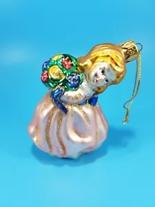 Vintage Glass and Glitter Girl with Flowers Christmas Tree Ornament - Picture 1 of 7