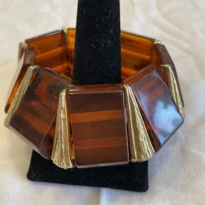 Pulsera brazalete elástico enorme de alta costura lucite grueso con cuentas en ángulo dorado - Imagen 1 de 5