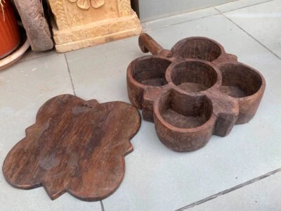 Ancient Old Wooden Hand Crafted Spices Box5 Compart Big Leaf Shape Spices Box - Image 1 of 4