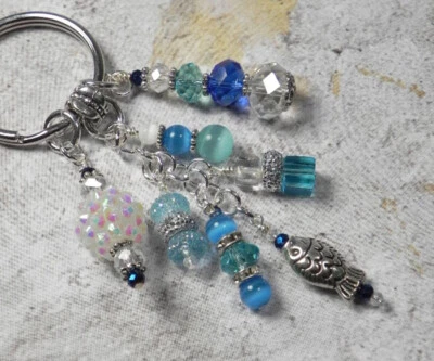 Fish Beach Crystal Glass Beaded Handmade Keychain Split Key Ring Blue Silver - Image 1 of 4